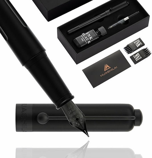 Luxury Matte Black Forest Fountain Pen Set,Titanium Black Extra Fine and Medium Nibs,Includes 2 Ink Converters,10 Ink Cartridges,15ml ink，Premium Gift Case for Calligraphy (Extra Fine Nib)