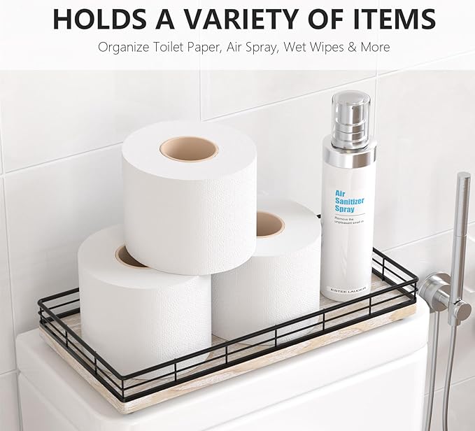 Toilet Paper Basket Organizer – Ash Wood Toilet Tank Tray with Metal Frame, Back of Tank or Top Bathroom Counter Storage – Black & Whitewashed Modern Decor