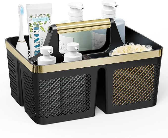 BYUNER Shower Caddy Dorm Men: Plastic Bathroom Caddy Organizer with Handle and Holes, Bath Caddy for College Dorm, Portable Shower Basket Tote for Toiletry, Travel, GYM, Camp Essentials Black/Gold