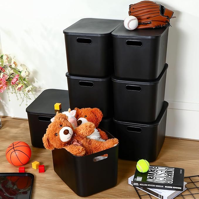 Hoolerry 8 Pieces Colorful Storage Bins with Lid, Plastic Storage Basket Organizing Container Stackable Box with Handle for Shelves Desktop Playroom Office(14.2 x 10.2 x 9.5 Inch,Black)