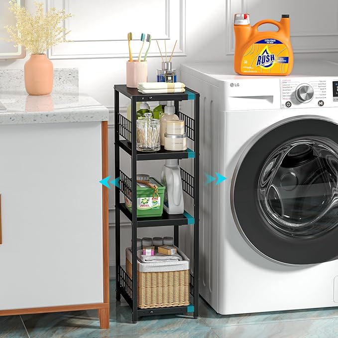 DAOUTIME Expandable Slim Storage Shelf, 4 Tier Metal Shelving Unit for Bathroom Storage Organizer, Freestanding Narrow Shelf for Small Spaces, Open Floor Shelves for Bathroom, Laundry Room, Kitchen