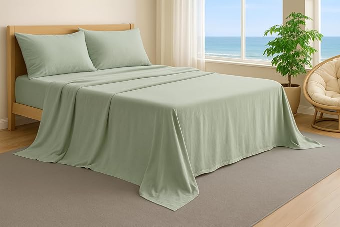 100% Cotton Flat Top Sheet Only - T-Shirt Fabric Jersey Knit - Extra Soft - Wrinkle Free - Machine Washable - Easy Fit - Breathable - Comfy (Mineral Green, Full)