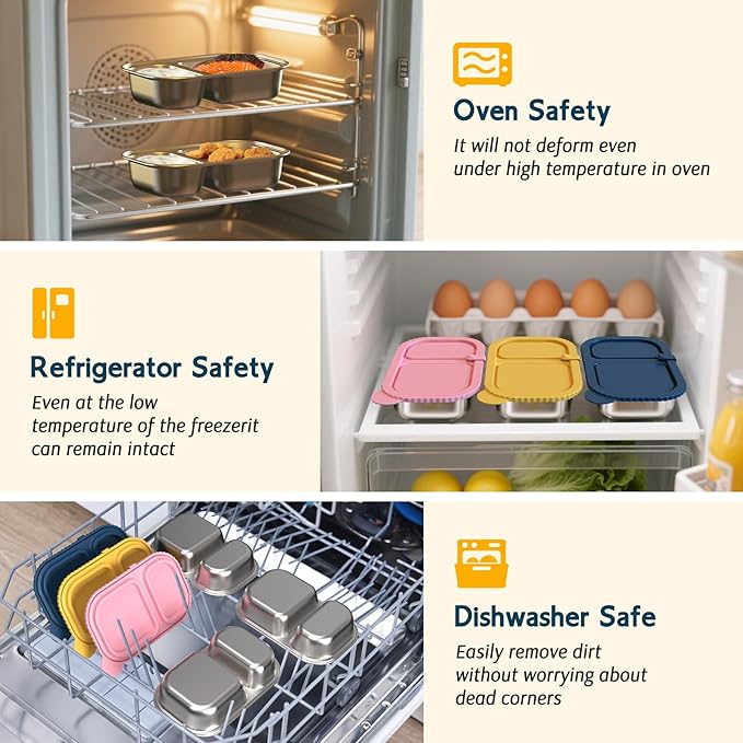 ICEROYCE 3 Pack Stainless Steel Snack Containers with Silicone Lids, Meal Prep Containers, Reusable 2 Compartment Food Storage Containers, Stainless Steel Box for Lunch, Office, Travel