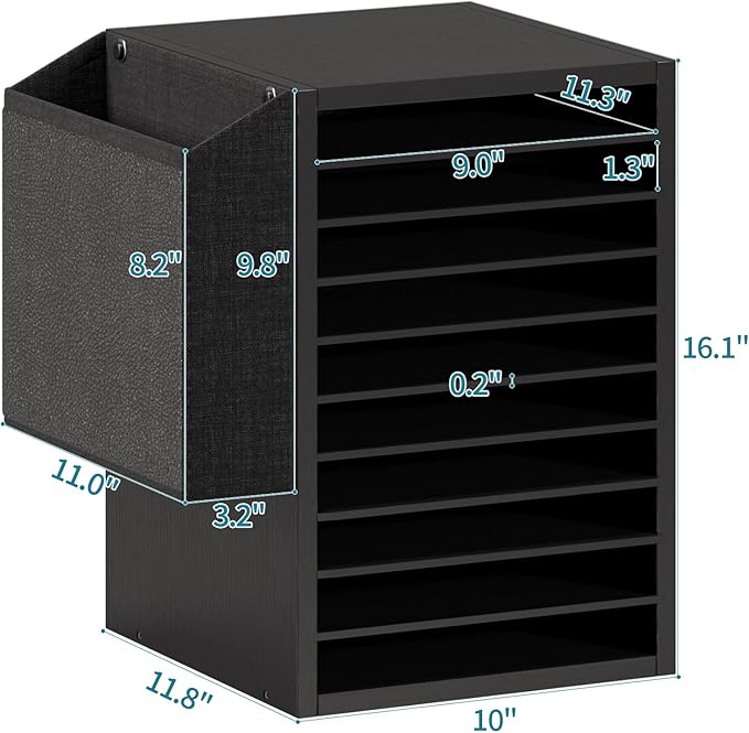 Unionly, Office Mail Sorter, Wooden Paper Organizer With Storage Bag, 10 Tier Adjustable Classroom Mailbox, Removable Classroom Organization, Teacher Desk Organization for Office, Study, Black