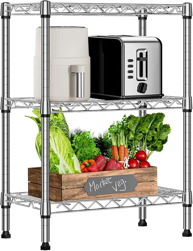 M MZG 750 lbs 3 Tier Shelf Metal Storage Shelves Wire Rack Closet Organizers with PP Board for Garage Kitchen Bathroom Laundry Chrome 11.8" D x 21.7" W x 28.6" H