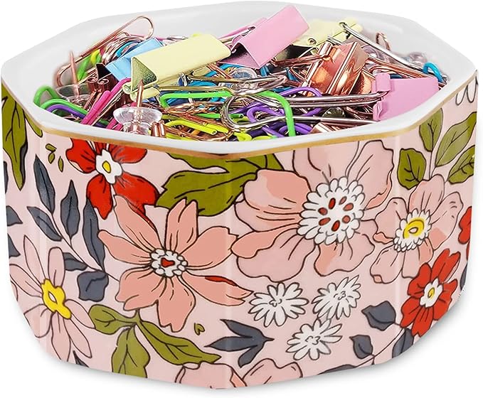 LEAZUL Ceramic Paper Clip Holder Gold Line Paper Clip Dispenser Organizer for Desk Cute Floral Pattern Office Binder Clip Holder Bobby Pin and Hair Clip Holder Gift for Office Pink Flowers