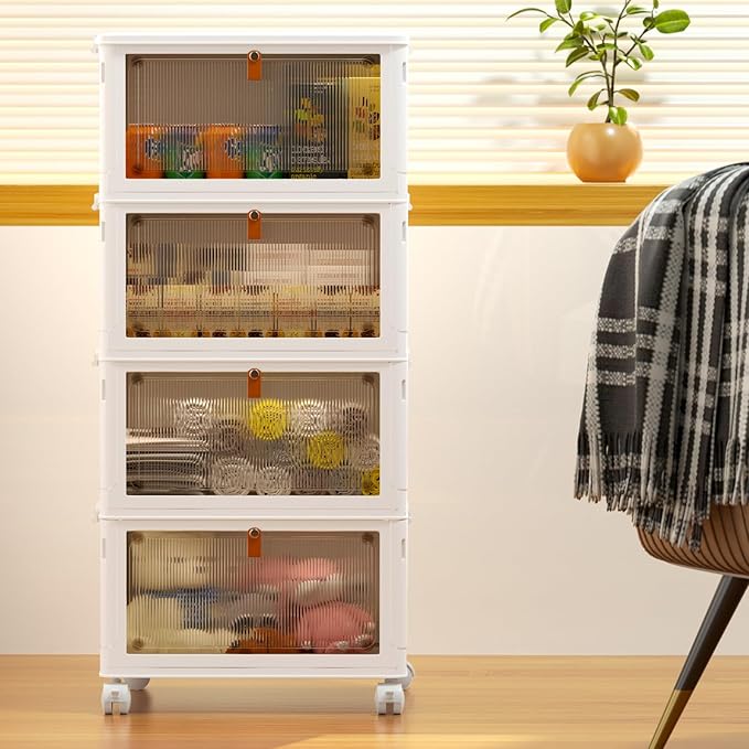 YFXCVSL 4 Tier Plastic Storage Bins with Lid 23QT, Stackable Storage Containers with Wheels, Folding Storage Boxes, Collapsible Storage Bins, Closet Organizers and Storage for Living Room,Office,Dorm