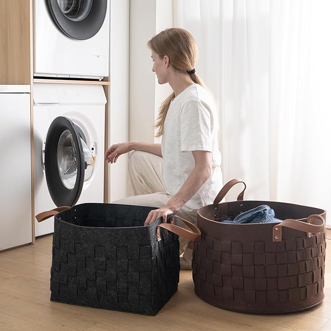 boldmonkey Laundry Basket 15 " x13 x11 2 Pack, Large Rectangular Blanket Basket with Leather Handle, Felt Storage Basket for Living Room, Nursery, Dog Toys-Dark Gray