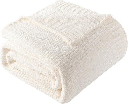 BATTILO HOME White Chenille Throw Blanket for Couch, Knit Cream Chenille Blanket for Bed, Sofa, Home Decor, Soft Warm Ivory Throw Blankets for Farmhouse,51"x67"
