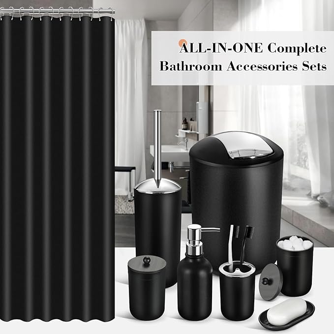 ALPIRIRAL Bathroom Set, 20Pcs Bathroom Shower Curtain Sets with Hooks, Black Bathroom Accessories Set with Trash Can, Bathroom Accessories Sets Complete with Shower Curtain Set, Bathroom Accessory Set