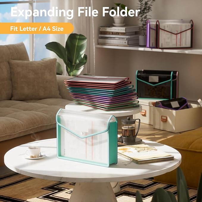 ABC life 8 Pack File Folder, Large Capacity Folders for Documents, Document Folder with Snap Closure, Color-Bordered Expanding File Folders, Folder Organizer Fit Letter/A4 Size - Clear Black