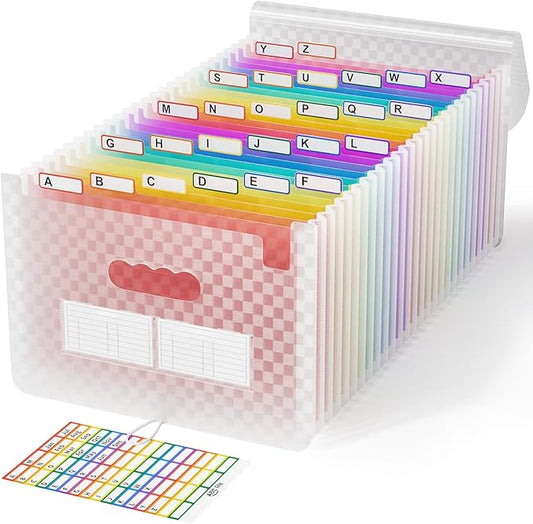 ABC life 26 Pockets Accordion File Organizer, Expanding File Folder, Portable Monthly Paper Bill Tax Receipt Organizer, Letter A4 Size Document Organizer with Labels - Pink