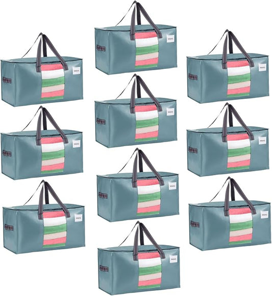 VENO 10 Pack Moving Bags, Christmas Storage Bins, Moving Boxes Alternative, Comforter and Blanket Storage Bags, College Dorm Packing Supplies, Foldable Heavy-Duty Tote (Shiny Light Blue, 10 Pack)