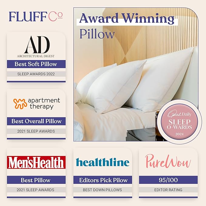 FluffCo Zen Fluff Pillows - Down Alternative - Standard/Queen Bed Pillow for Sleeping Made in USA - Luxury Hotel-Quality Pillow - 100% Cotton, 300 Thread Count (Queen Size 1 Pack)