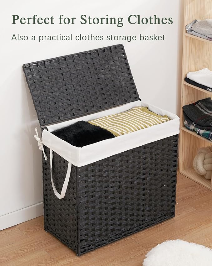 SETVSON Laundry Hamper with Lid Laundry Basket 132 L (35 Gal) Wicker Clothes Hamper, Handwoven Rattan Hamper with Handles and 4 Removable Liner Bags, 6 Mesh Bags for Laundry Bedroom Black