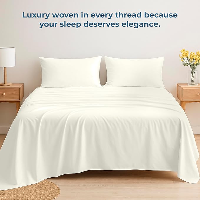 Royale Linens 100% Organic Cotton Twin XL Flat Sheet Only - Super Soft - Percale Top Sheets - Twin XL Flat Sheet Sold Separately - Breathable, Cool & Crisp Ivory Sheets Only (66" x 102", Ivory)