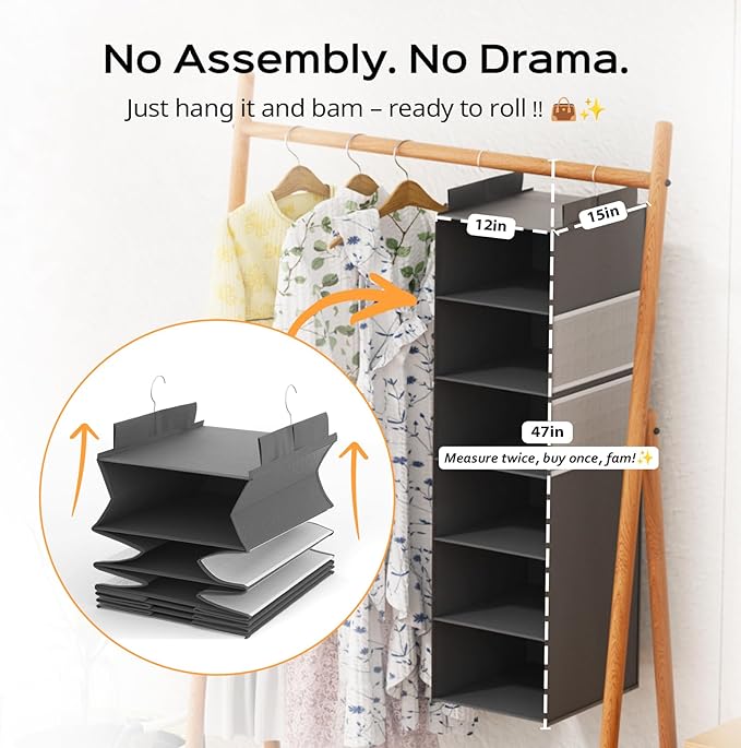 ALLTIDYUP Extra Deep Hanging Closet Organizer with 6 Shelves and Oversized Mesh Pockets, Heavy-Duty Structure, No Deformation, Max Storage for Clothes, Shoes, Hats, Dorms and RVs, Grey,1-Pack