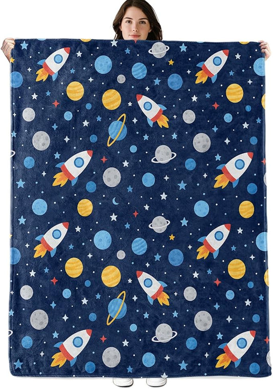 Fun Space Rocket Blanket, 60"x50" Flannel Cozy Lightweight Throw Blankets Gifts for Couch Bed Living Room Decor, Soft Blanket for Women Kids