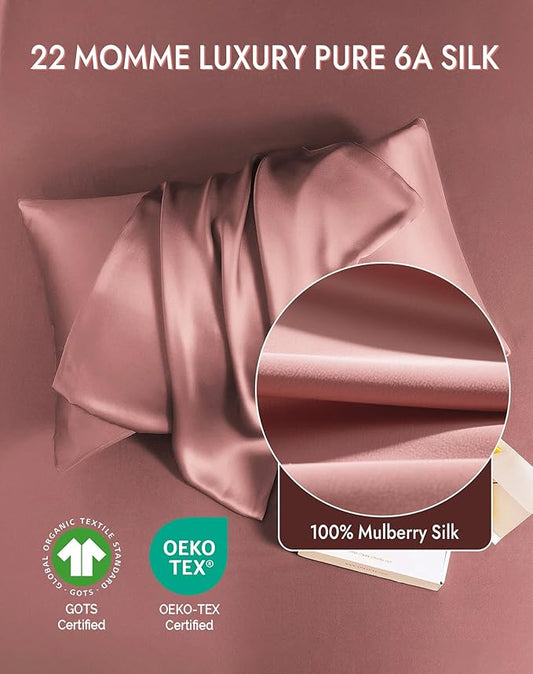 SilkSilky 100% Mulberry Silk Pillowcase - Pure 22 Momme High-Grade 6A Fibers for Hair & Skin, Envelope Closure, Natural, Organic, Breathable & Cooling Pillow Case (Standard, Pale Mauve)