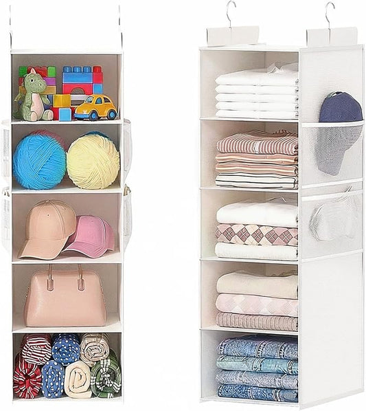 ALLTIDYUP Extra Deep Hanging Closet Organizers and Storage, 5-Tier Closet Hanging Organizer with 4 Mesh Pockets, Heavy-Duty Closet Shelves for Clothes and Hats, Ideal for Dorms and RVs, 1-Pack, White