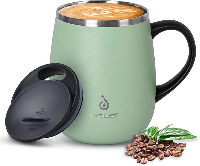 Ideus 16 oz Insulated Coffee Mug with Handle and Lid, Double Wall Stainless Steel Vacuum Thermal Coffee Mug, Travel Coffee Cup Thermal Cup for Home and Office, Avocado Green