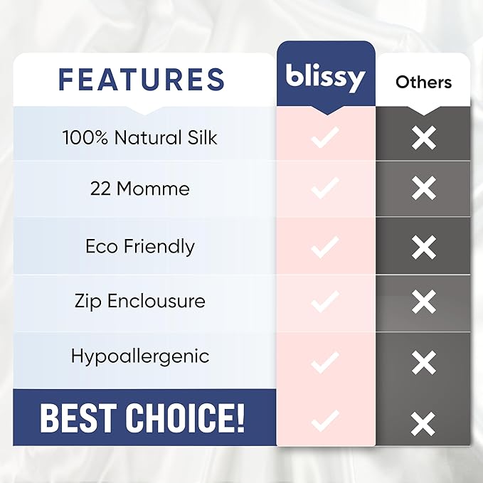 Blissy Silk Pillowcase - 100% Pure Mulberry Silk - 22 Momme 6A High-Grade Fibers - Silk Pillow Cover for Hair & Skin - Regular, Queen & King (Black, Standard)