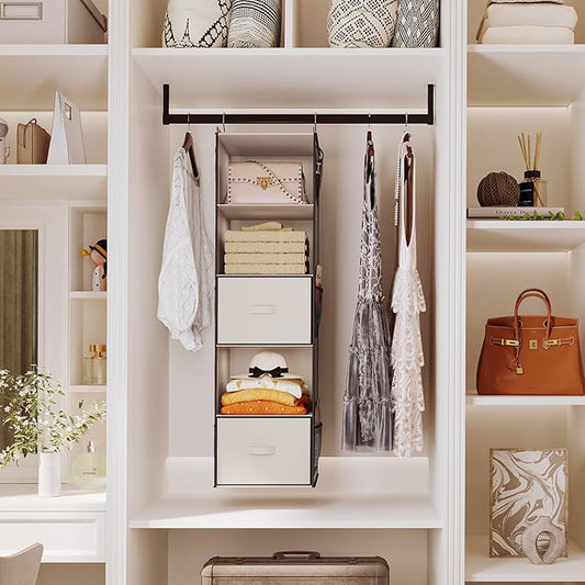YOUDENOVA Hanging Closet Organizer, 5 Tier Hanging Closet Shelves with Drawers and 6 Side Pockets, Beige