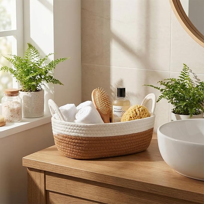 3 Pcs 3 Sizes Storage Basket for Toilet Tank Top Rope Woven Organizer with Handle Boho Bathroom Toilet Paper Organizer for Shelf Living Room Farmhouse Home Decor(White and Brown)