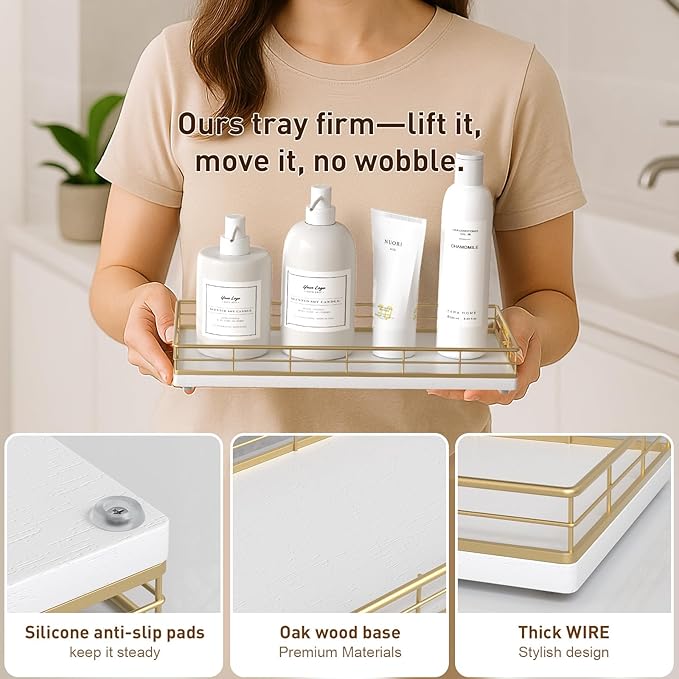 Toilet Paper Basket Organizer – Oak Wood Toilet Tank Tray with Metal Frame, Back of Tank or Top Bathroom Counter Storage – Gold & White Modern Decor