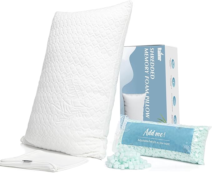 Queen Size Bed Pillow for Sleeping Shredded Memory Foam Adjustable Loft Pillows with Cooling Washable Pillow Case, 20x30 inches