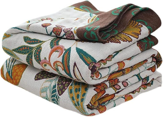 STASOPTK Boho Rustic Throw Blanket,100% Cotton Soft Vintage Bed Throw Blankets Floral Farmhouse Decor Throws,Reversible Throw for Sofa Couch, 60"×80" for All Seasons -White