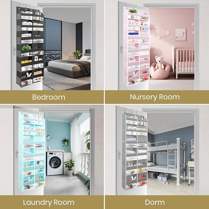 HOMELUX THEORY UPGRADED 6 Tiers Over The Door Organizer Hanging - 100D EXTRA THICK & 50lbs HUGE CAPACITY, 12 Side Mesh Pockets Over The Door Shoe Organizer, Hanging Closet Organizer (Light Gray, XL)