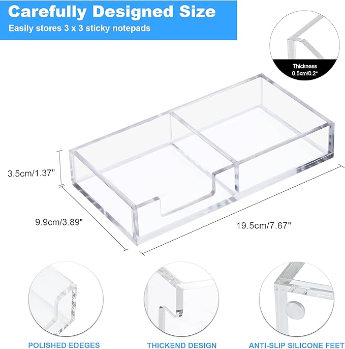 WORHE Sticky Note Holder 2 In 1, Clear Acrylic Memo Pad Holders for Desk Organization School Office Home, Post Pop Notes Dispenser for 3"X3" Note Pads (BQ210)