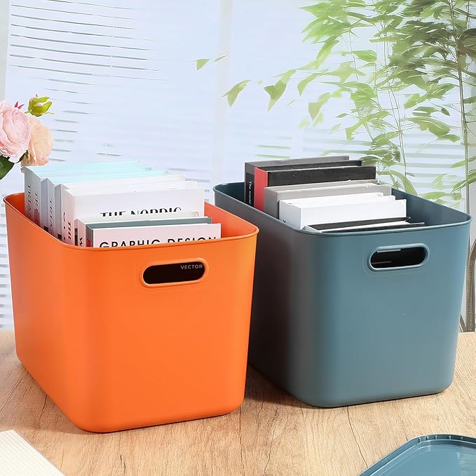 Hoolerry 8 Pieces Colorful Storage Bins with Lid, Plastic Storage Basket Organizing Container Stackable Box with Handle for Shelves Desktop Playroom Office(14.2 x 10.2 x 9.5 Inch,Blue and Orange)