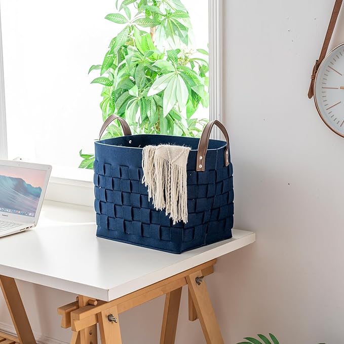 boldmonkey Blankets Baskets 15 " x13 x11 2 Pack, Large Rectangular Toys Baskets with Leather Handle, Soft Baby Nursery Basket for Storage-Navy Blue