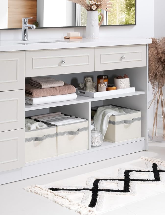 StorageWorks Storage Baskets for Shelves, Foldable Fabric Closet Storage Bins with Handles, Fabric Storage Bins Clothes Organizer, Beige and Gray, 3-Pack, Large