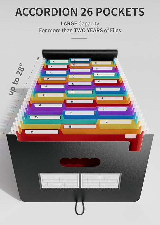 ABC life 26 Pockets Expanding File Folder, Letter A4 Accordion File Organizer, 3 Tab File Folder, Portable Monthly Paper Bill Tax Receipt Organizer with Colorful A-Z Alphabetical Tabs - Black