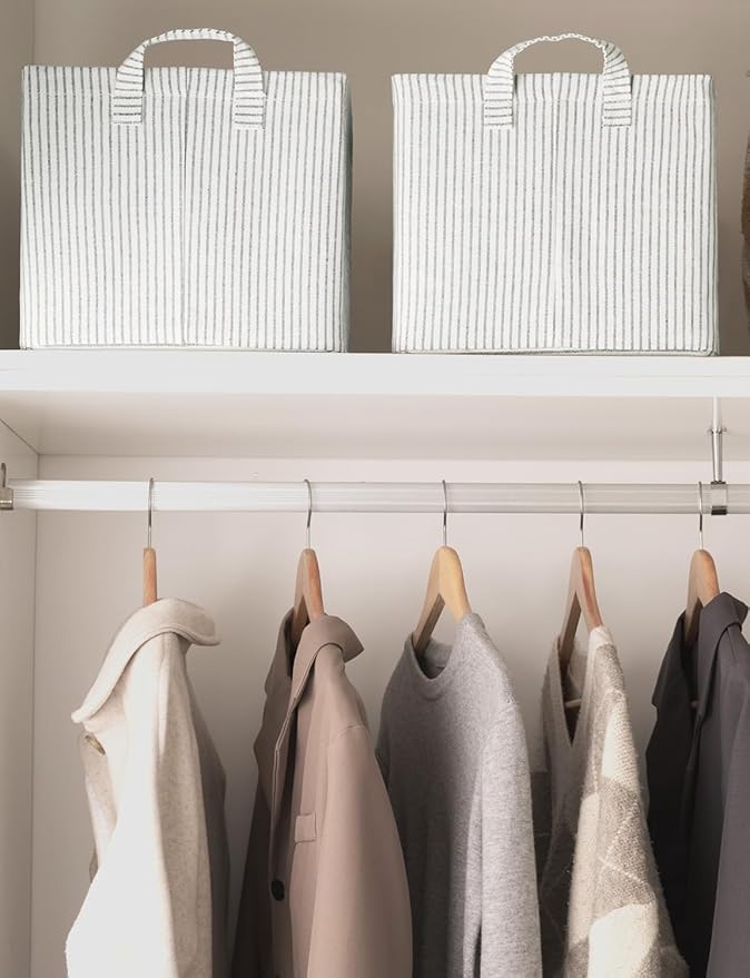 StorageWorks Storage Bins, Fabric Storage Bins for Shelves, Large Storage Baskets with Metal Frame, Closet Baskets and Bins with Handles, Khaki and Beige Stripes, 2-Pack