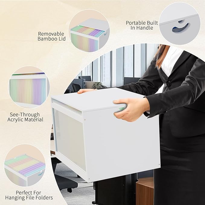 LONTAI White Bamboo Acrylic File Box with Hanging Folders, Letter/Legal Size, Dustproof, Home Office File Organizer