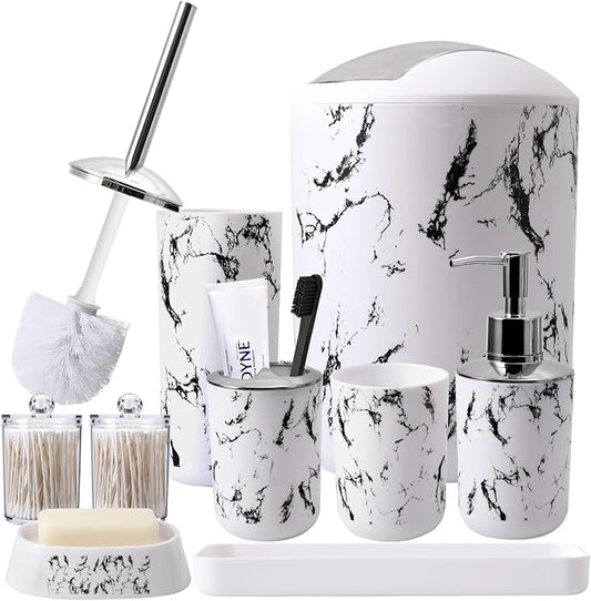 XLHOMO White Marble Bathroom Accessories Set, White Bathroom Set with Trash Can, Vanity Tray, Soap Dispenser, Soap Dish, Toothbrush Holder, Toothbrush Cup, Toilet Brush and Qtip Holders for Bathroom