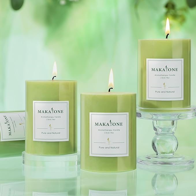 4 Pack Sage & White Tea Scented Pillar Candles,Natural Soy Wax Pillar Candles-2.8x4In,60H Long Lasting Burning Fragrance Candles for Home,Spa,Stress Relief & Wedding,Dinner Table(Sage Green)