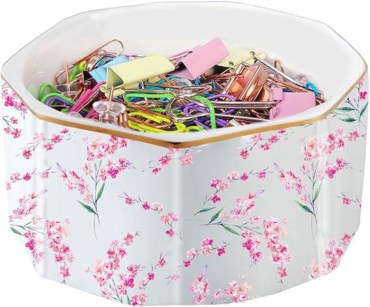 LEAZUL Ceramic Paper Clip Holder Gold Line Paper Clip Dispenser Organizer for Desk Cute Floral Pattern Office Binder Clip Holder Bobby Pin and Hair Clip Holder Gift for Office Pink Flowers