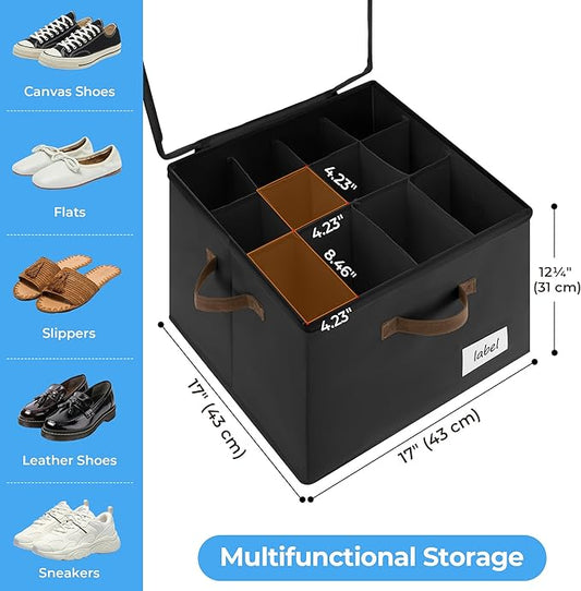 Cupic Cupid 2 Pack Shoe Organizer for Closet, Fits up to 12 Pairs, Shoe Cubby Storage Containers with Clear Cover, Black
