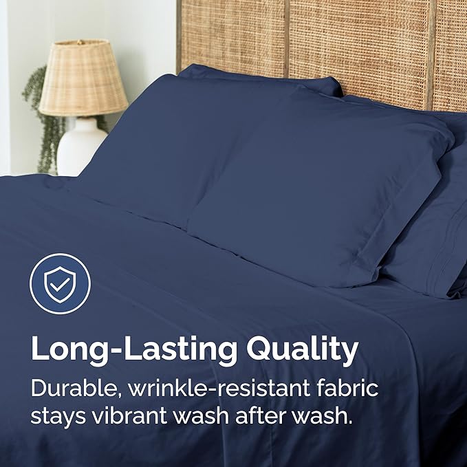 Queen Size Flat Sheet - Hotel Quality Top Flat Bed Sheet Only - Ultra-Soft, Breathable & Cooling - Fade & Wrinkle Free - Easy-Care, Stain & Shrink Resistant Bedding - Easy-Fit & Oeko-Tex - Navy Blue