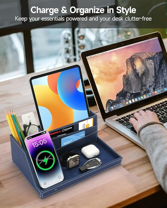 Desk Organizer with Charging Station, Nightstand Organizer Phone Docking Station, Men Gift Husband Wife Anniversary Dad Birthday Nightstand Purse Father Graduation Male Travel Idea Gadgets