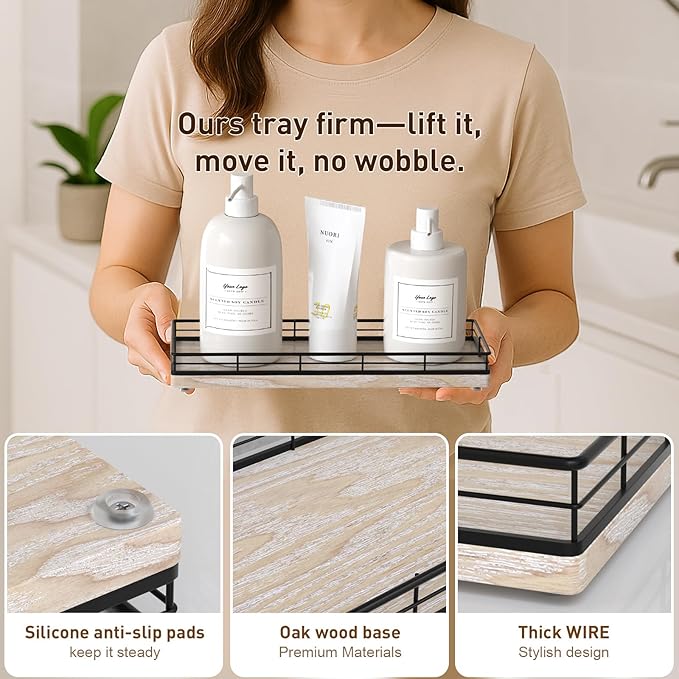 Bathroom Tray for Counter Top Organizer – Ash Wood Vanity Tray with Metal Frame for Dresser, Kitchen, Nightstand – Black & Whitewashed Decorative Storage