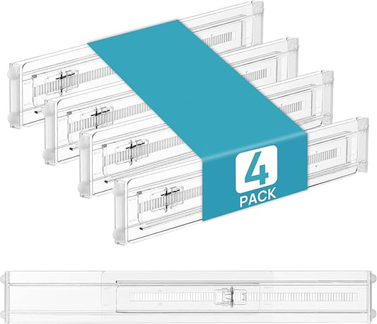 Vtopmart 4 Pack Shallow Drawer Dividers, 2.36" High 12.5"-20.8" Adjustable Expandable Kitchen Drawer Organizer, Clear Plastic Organizer Separators for Flatware, Utensil, Cutlery, Underwear, Clothes