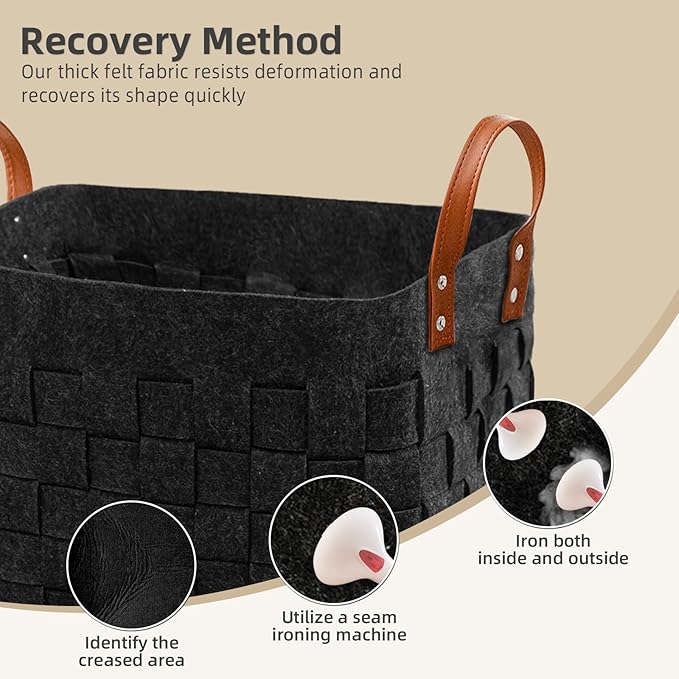 boldmonkey Laundry Basket 15 " x13 x11 2 Pack, Large Rectangular Blanket Basket with Leather Handle, Felt Storage Basket for Living Room, Nursery, Dog Toys-Dark Gray