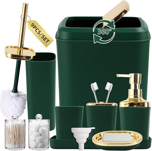 XLHOMO Dark Green Bathroom Accessories Set, Green and Gold Bathroom Accessories with Trash Can, Soap Dispenser, Soap Dish, Toothbrush Holder and Q-tip Holders