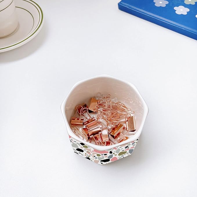 LEAZUL Ceramic Paper Clip Holder Gold Line Paper Clip Dispenser Organizer for Desk Cute Terrazzo Marble Pattern Office Binder Clip Holder Bobby Pin and Hair Clip Holder Gift for Office Pink